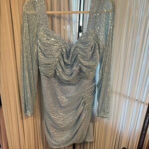 Sky Blue Ruched Bodycon Dress with Bishop Sleeves